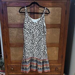 CAbi Cream Leopard Print Spaghetti Strap Dress with Blue & Brown Accents